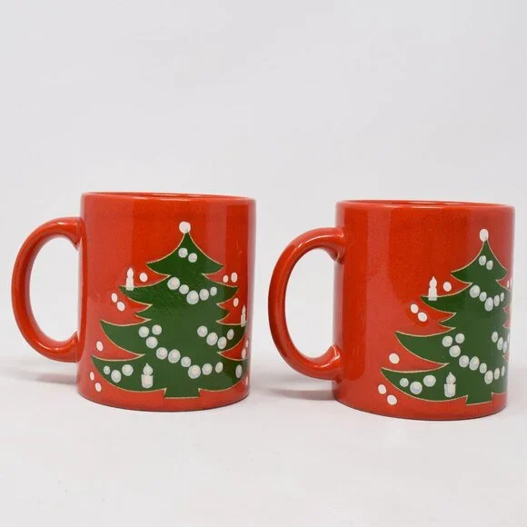 VTG Set Waechtersbach West W Germany Christmas Tree Mug Ceramic Red Green 2 Cups - Picture 7 of 14